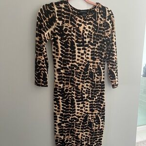 Women's Black and Tan Printed Long-Sleeve knee length Dress